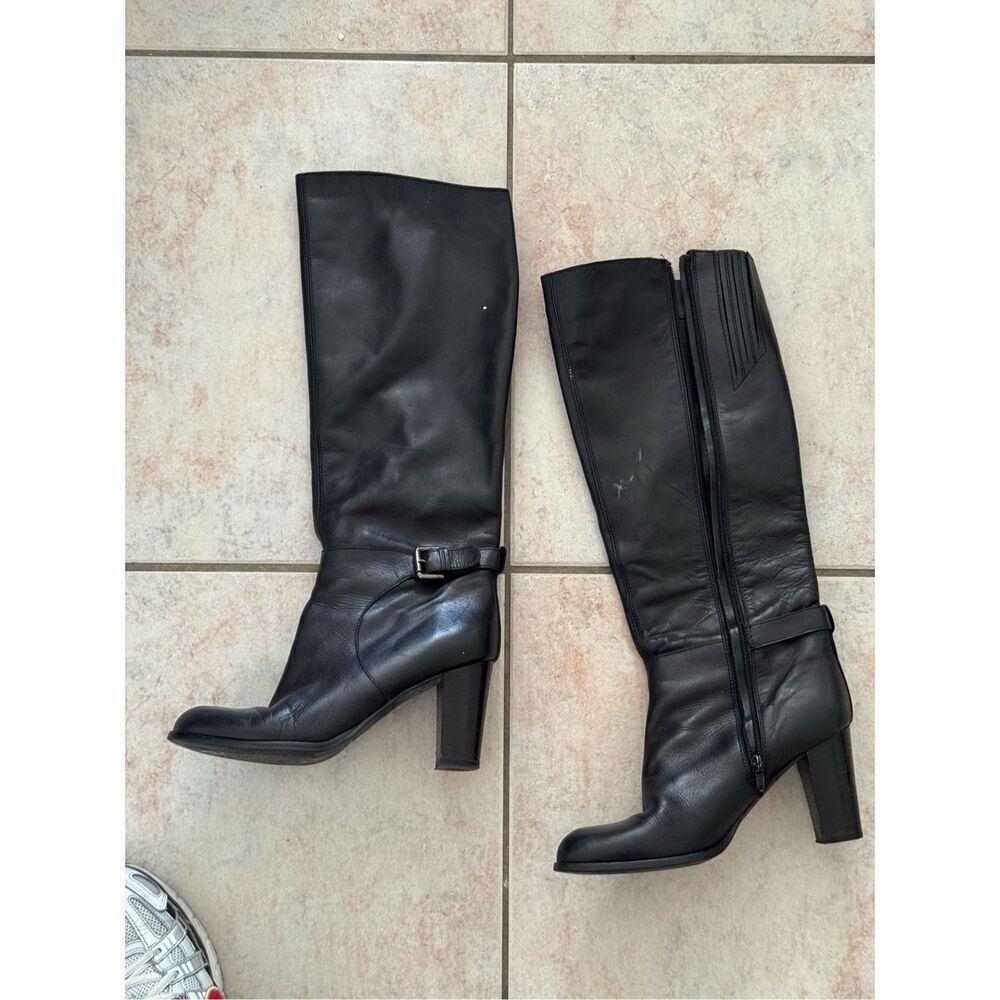 Sesto Meucci Black Leather Tall Boots knee high block heel biker boot buckle des